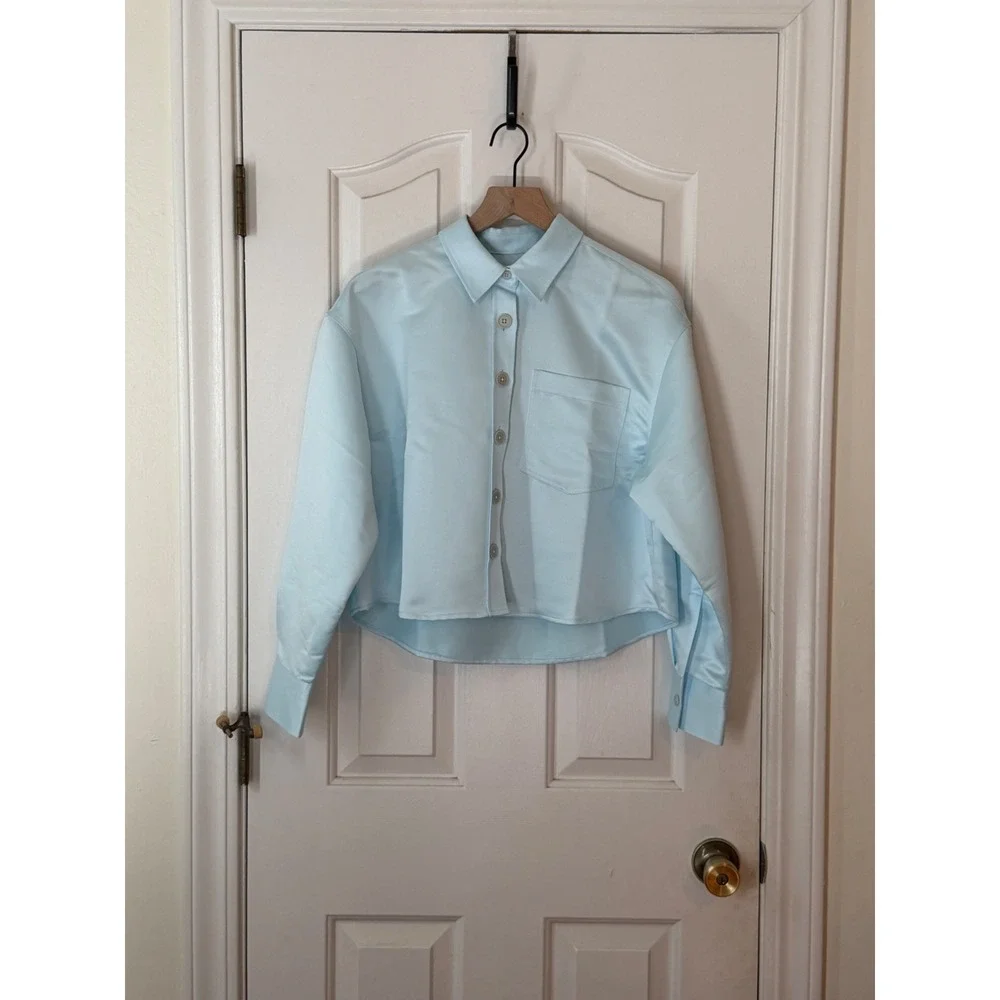 NWT J.Crew | 2025 Etienne Cropped Button-Up Shirt S Blue Duchesse‎ Satin CQ187